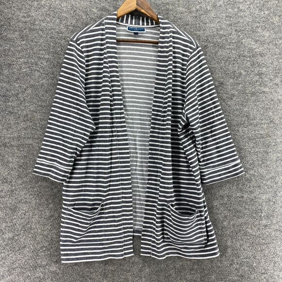 Karen Scott Cardigan Women 2XL Gray Striped Open Front 3/4 Sleeve Pockets Cotton - Picture 1 of 7